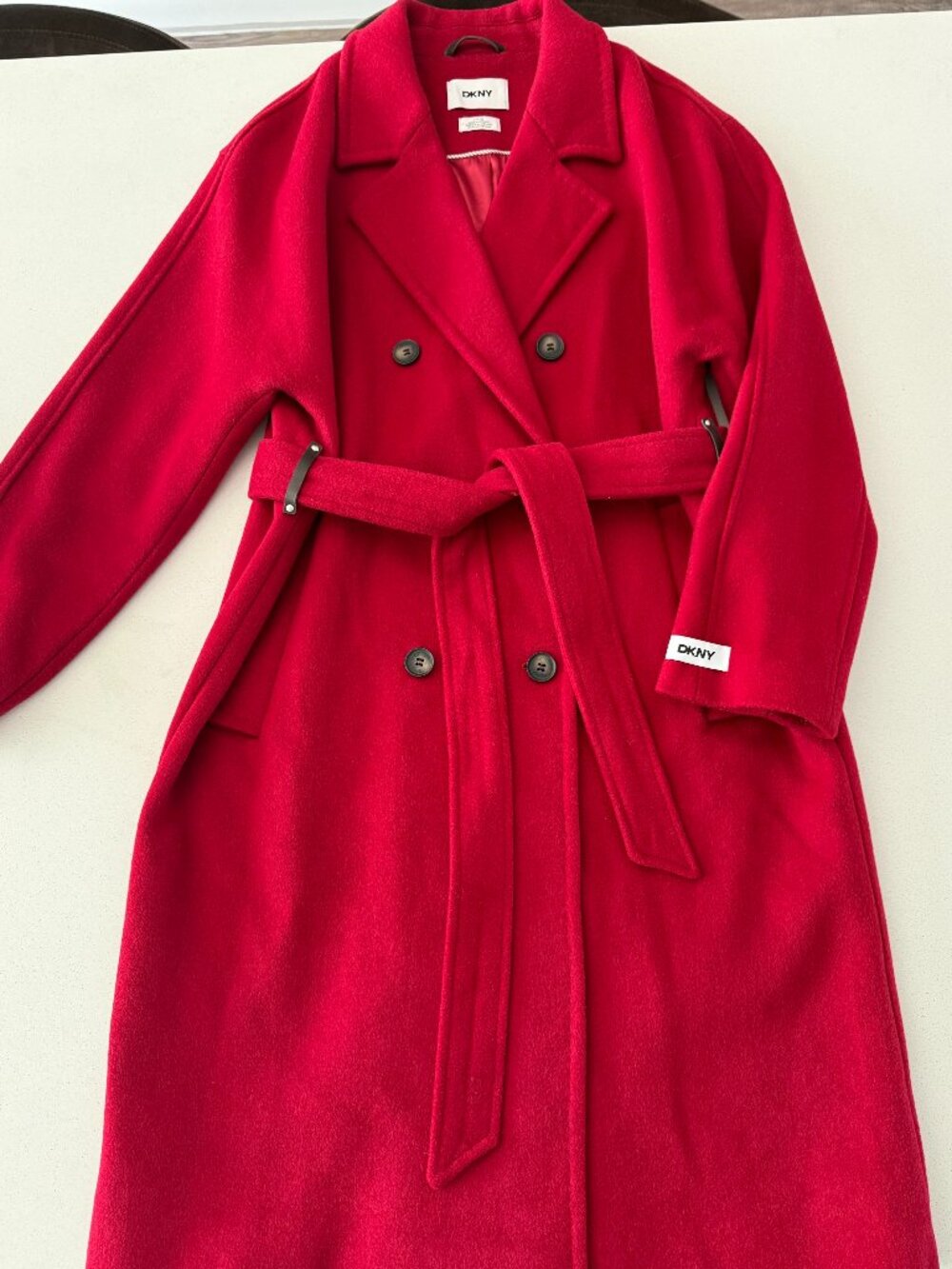 DKNY Red Wool Blend Belted Coat Double Breasted Longline Size L NWOT